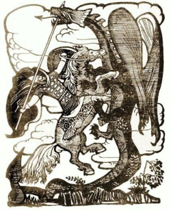 Mounted warrior fighting a dragon