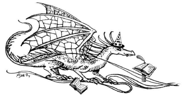 Dragon wearing a wizard's hat with spell books