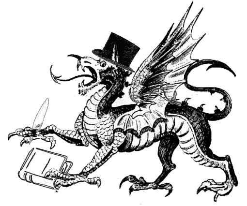 Dragon wearing hat with books and quill pen