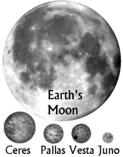 Asteroid sizes compared to the moon.