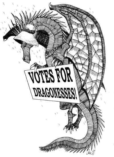 Flying dragon wearing bonnet with 'Votes for Dragonesses' sign
