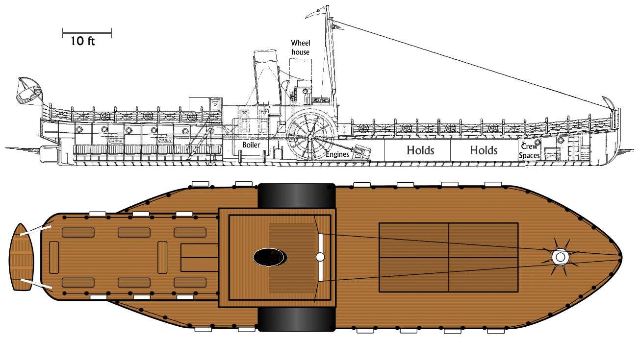 Side plan and deck plan of paddle steamer