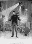 Nikola Tesla holding in his hands balls of flame.